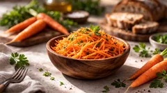 Porkkanasalaatti, aromaattinen ja mehukas: yksinkertainen kirpeä kastike, joka korostaa ruoan makua